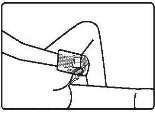 Black and white drawing showing a hand applying a patch or dressing to an area of the body near a skin fold