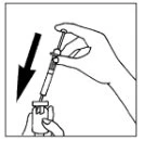 Una mano tiene una siringa con ago e la punta viene inserita in un flaconcino di vetro tenuto dall'altra mano con una freccia nera verso il basso