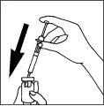 A hand holds a syringe and pushes it downward with a black arrow indicating the movement to aspirate liquid from a vial