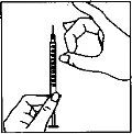 Two hands hold a vertical syringe with the needle pointing upward
