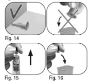 Medical diagrams showing the correct placement of a vial on a flat surface and the removal of the