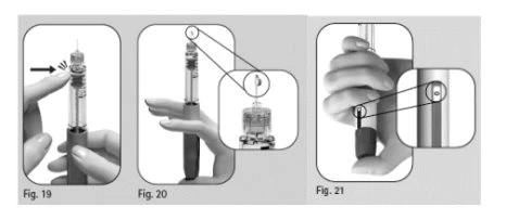 Three black-and-white figures showing the steps of using a medical device with fingers gripping and operating the syringe