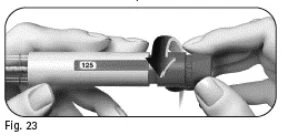 Two hands gripping a cylindrical medical device with a numerical indicator showing 125 while one hand rotates the dark end cap of the device