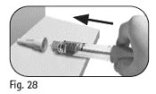 A hand holding a syringe and pushing it toward a cylindrical container indicated by a black arrow for the