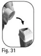 Technical drawing showing a hand tilting a container toward a medical device with a black arrow indicating downward movement