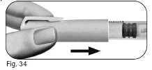 Two fingers pressing the top of a cylindrical medical device, pushing it to the right as indicated by a black arrow