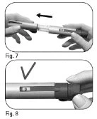 Two illustrations showing hands handling an injection pen, with a directional arrow and a black checkmark above the zero dose setting