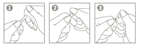Three numbered illustrations show hands handling and opening a medical device in three sequential steps