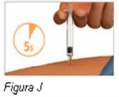 Una mano tiene una siringa verticale mentre l'ago penetra nella pelle con un timer circolare che indica una durata di 5 secondi