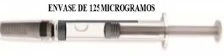 Siringa orizzontale trasparente con testo superiore ENVASE DE 125 MICROGRAMOS e pistone grigio su sfondo bianco