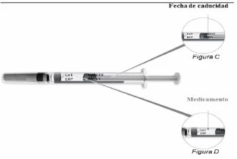 Diagramma di una siringa con ingrandimenti che mostrano i dettagli della data di scadenza e del lotto del medicinale nelle figure C e D