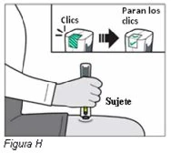 Diagramma che mostra una mano che tiene un dispositivo medico sulla coscia con un inserto che illustra il suono dei clic durante l'uso