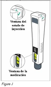Diagramma di un dispositivo medico con due finestre di controllo, una superiore per lo stato di iniezione e una inferiore per la medicazione