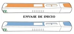 Due dispositivi medici rettangolari bianchi con dettagli arancioni in alto e blu in basso, ciascuno con una finestra e una serie di tacche grigie