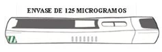 Dispositivo medico bianco allungato con scritte in alto che indicano un contenitore da 125 microgrammi e dettagli tecnici neri e grigi