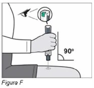 Disegno tecnico che mostra una mano che impugna un iniettore posizionato a 90 gradi rispetto alla coscia con un dettaglio dell'occhio che guarda il dispositivo