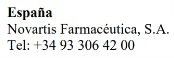 Чорний текст на білому тлі з написом España, Novartis Farmacéutica, S.A. та номером телефону +34 93 306 42 00