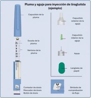 Diagramma medico con penna per iniezione di liraglutide e componenti separati come cappuccio, ago, protezione interna, linguetta e simbolo di controllo