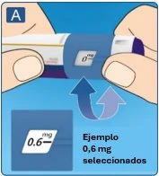Due mani ruotano la ghiera di un dispositivo medico blu e bianco per selezionare il dosaggio di 0,6 mg indicato su un display e un riquadro