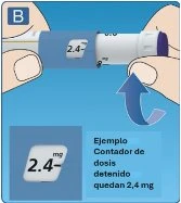 Due mani tengono un dispositivo medico bianco con un display che indica 2,4 mg e una freccia blu che suggerisce un movimento rotatorio verso l'alto