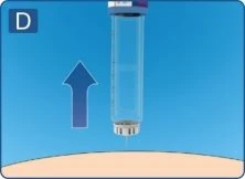 Una freccia blu rivolta verso l'alto indica il movimento di un contenitore cilindrico trasparente sopra una superficie curva color carne