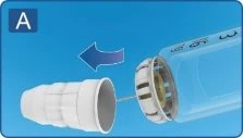 Una freccia blu indica il movimento di rotazione di un cappuccio bianco che viene rimosso da un contenitore cilindrico azzurro su sfondo blu