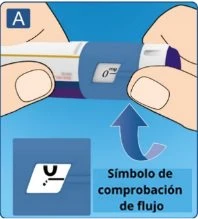 Due mani tengono un dispositivo medico blu e bianco con una freccia curva che indica il simbolo di controllo del flusso su un fondo azzurro