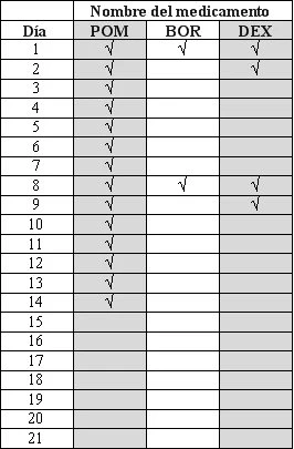 Medical chart with columns for day, POM, BOR, and DEX, with checkmarks indicating the medication schedule over 21 days