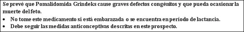 Text in Spanish warning of severe congenital defects and fetal death due to Pomalidomide Grindeks, with warnings regarding pregnancy and contraception