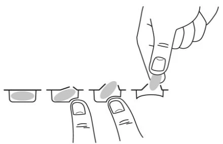 Disegno schematico che mostra una mano che preme un disco di medicazione su una ferita attraverso quattro fasi sequenziali