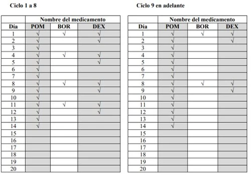 Two medical charts with days 1 to 20 and checkmarks for POM, BOR, and DEX medications in cycles 1-8 and from cycle 9 onwards