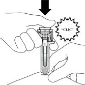 Two hands holding an injection medical device with a black arrow pointing downward and a speech bubble with the word CLICK