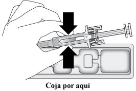 A hand holding a syringe with two black arrows indicating downward pressure to insert it into a plastic holder