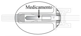 Technical schematic of a medical device with an arrow indicating the position of the medication inside