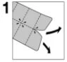 Numbered diagram showing a folded rectangular grey leaflet with dashed lines and two black arrows indicating the direction