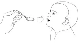 Line drawing of a hand holding a spoon with liquid directed toward the open mouth of a child indicated by an arrow