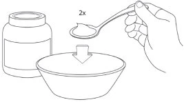 A hand holds a spoon with two doses of medication above a bowl next to a medicine bottle