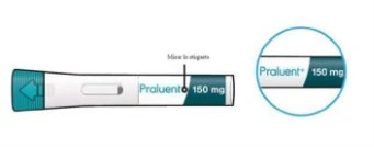 Urządzenie medyczne Praluent 150 mg z kierunkową strzałką i powiększonym szczegółem z nazwą i dawką na białym i niebieskim tle
