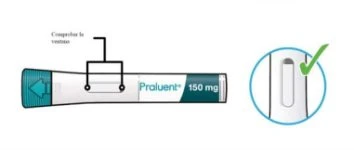 Diagram urządzenia medycznego Praluent 150 mg z wskazówką do sprawdzenia przezroczystego okienka i powiększonym szczegółem z zielonym znakiem zatwierdzenia