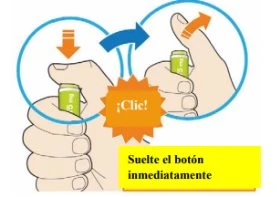 Diagramma che mostra due fasi per l'uso di un dispositivo medico con mani che lo impugnano, una freccia verso il basso e una scritta clic
