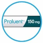 Logo circolare con bordo azzurro e sfondo bianco contenente la scritta Praluent in azzurro e il dosaggio 150 mg su una fascia scura