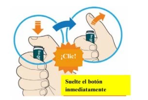 Diagramma che mostra due mani che impugnano un dispositivo medico con frecce arancioni e blu che indicano il movimento e un clic centrale