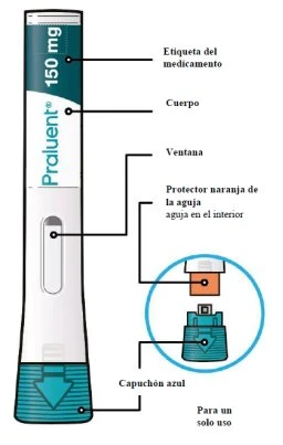 Diagramma di una penna iniettiva Praluent da 150 mg con etichette in spagnolo che indicano corpo, finestra, protezione ago e cappuccio blu
