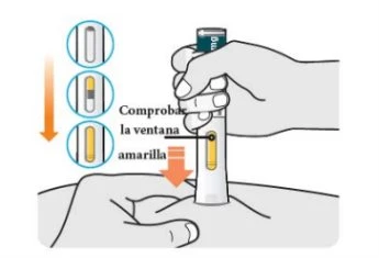 Una mano preme un dispositivo medico bianco contro la pelle mostrando tre fasi di una finestra gialla che si sposta verso il basso