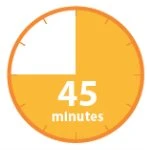 Orologio circolare arancione con un quadrante diviso dove tre quarti sono colorati e la scritta bianca 45 minutes al centro indica il tempo