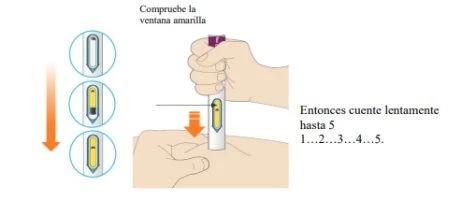 Diagramma che mostra come controllare la finestra gialla di un dispositivo medico e contare lentamente fino a cinque durante l'uso