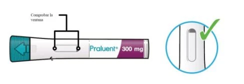 Diagramma di una penna iniettiva Praluent 300 mg con indicazione per controllare la finestra trasparente e dettaglio ingrandito con segno di spunta verde
