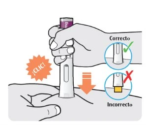 Illustrazione di una mano che preme un autoiniettore sulla pelle con una freccia verso il basso e due cerchi che mostrano l'uso corretto e incorretto