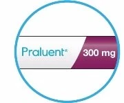 Круглый логотип с голубой рамкой, содержащий название препарата Praluent синего цвета на белом фоне и дозу 300 мг на фиолетовой полосе справа