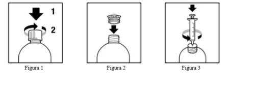 Tre diagrammi numerati che mostrano come premere il tappo, inserire il flacone e inserire la siringa ruotandola per sigillare il tutto